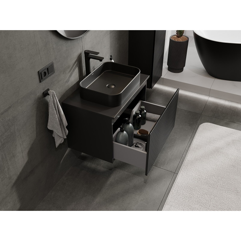 Mexen Rivel 70 cm bathroom vanity cabinet with countertop, 1 drawer, fluted, matte black - 91A20-07047-1-BFC71
