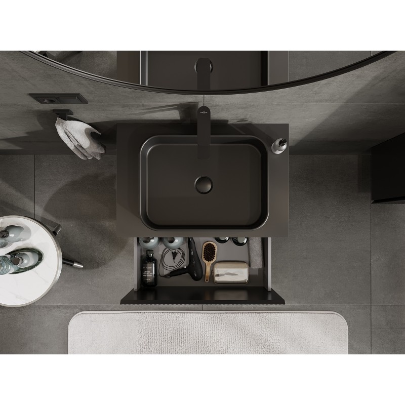 Mexen Rivel 70 cm bathroom cabinet with countertop, 1 drawer, grooved, matte black - 91A20-07047-1-BFC71