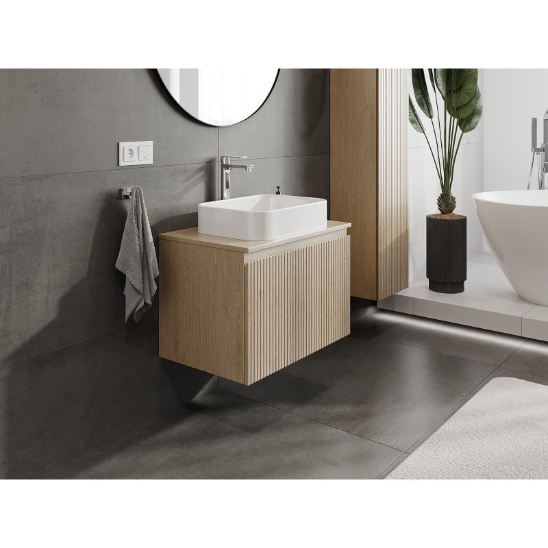 Mexen Rivel bathroom cabinet 70 cm with countertop, 1 drawer, grooved, oak - 91A20-07047-1-BFC81