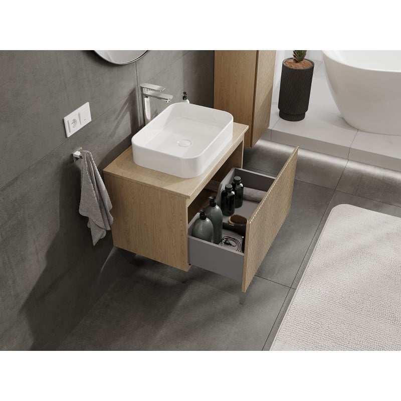 Mexen Rivel bathroom cabinet 70 cm with countertop, 1 drawer, grooved, oak - 91A20-07047-1-BFC81