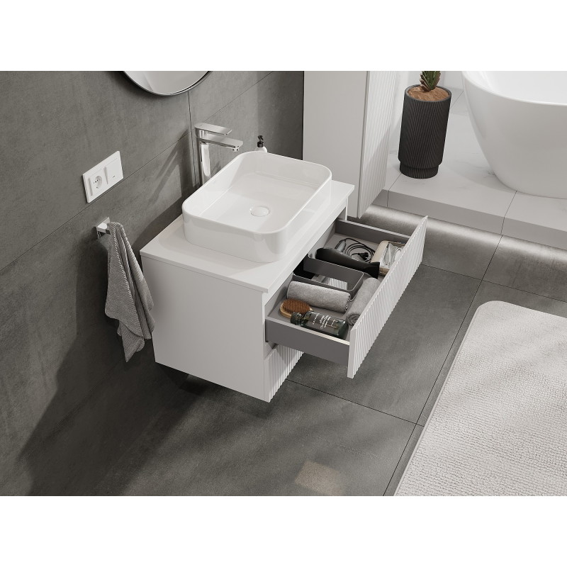 Mexen Rivel 70 cm bathroom vanity cabinet with countertop, 2 drawers, grooved, matte white - 91A20-07047-2-BFFC01