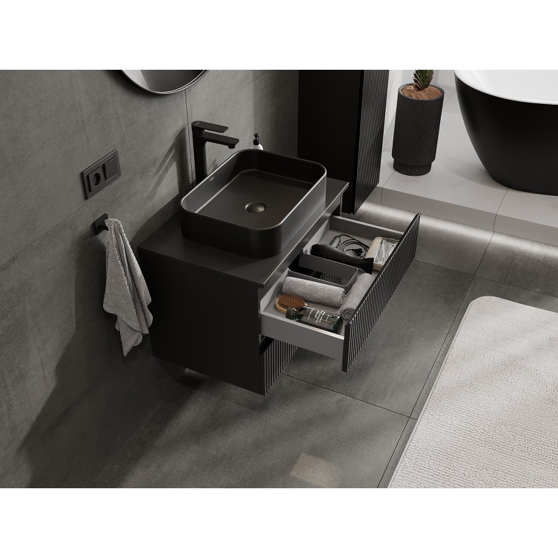 Mexen Rivel bathroom cabinet under the sink 70 cm with countertop, 2 drawers, grooved, black matt - 91A20-07047-2-BFFC71