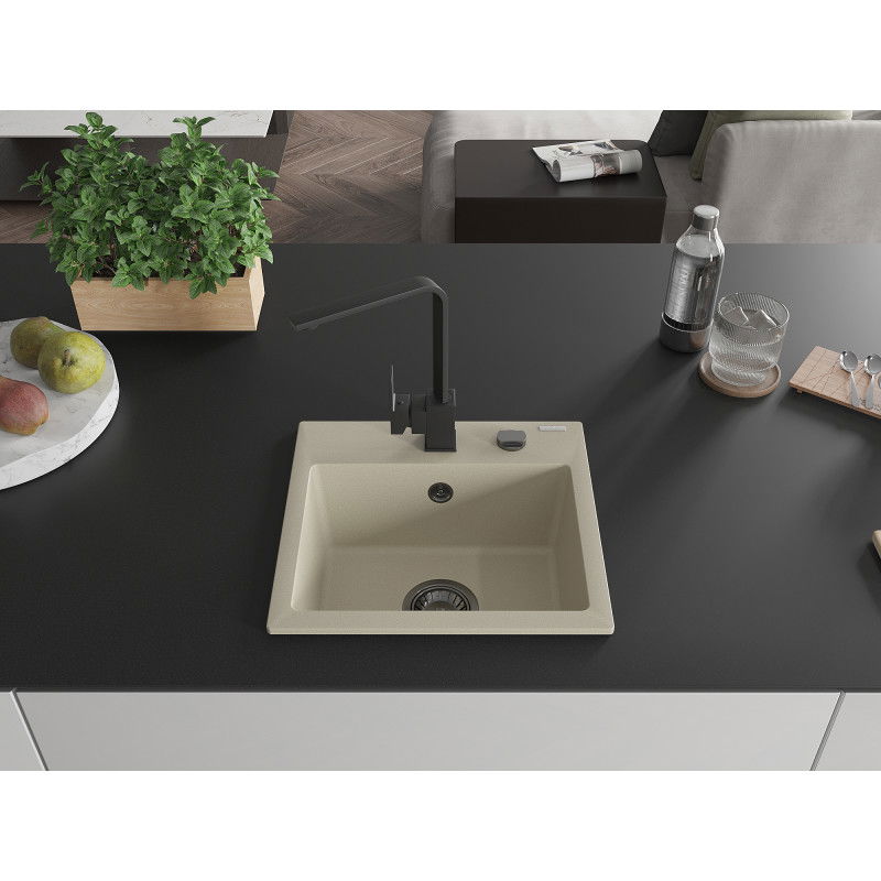 Mexen Milo 1-bowl granite kitchen sink with Rita tap, beige - 6505-69-670300-70