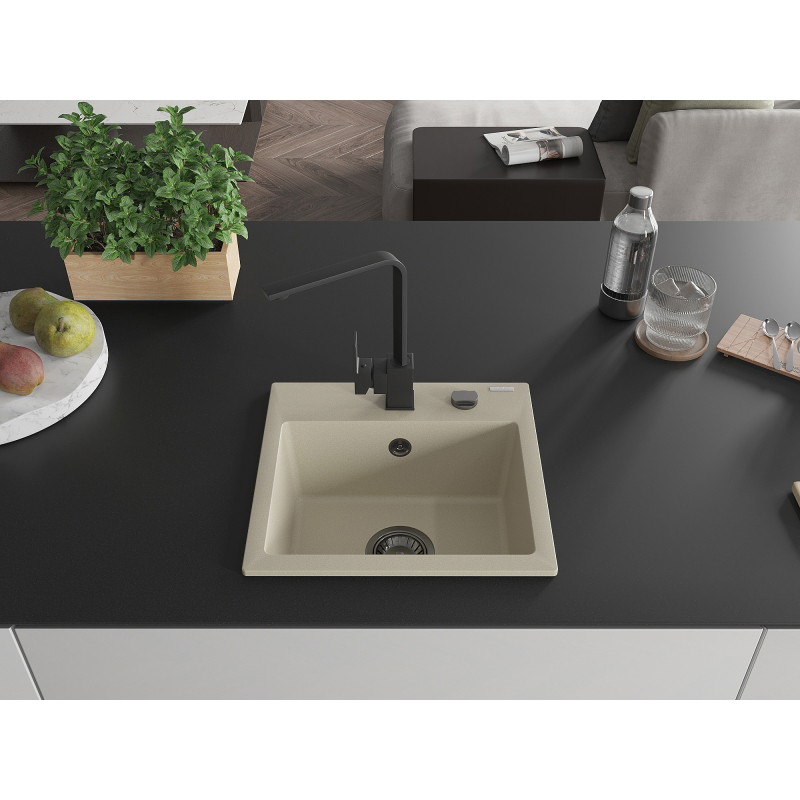 Mexen Milo granite kitchen sink single-bowl with Rita kitchen faucet, beige - 6505-69-670300-70