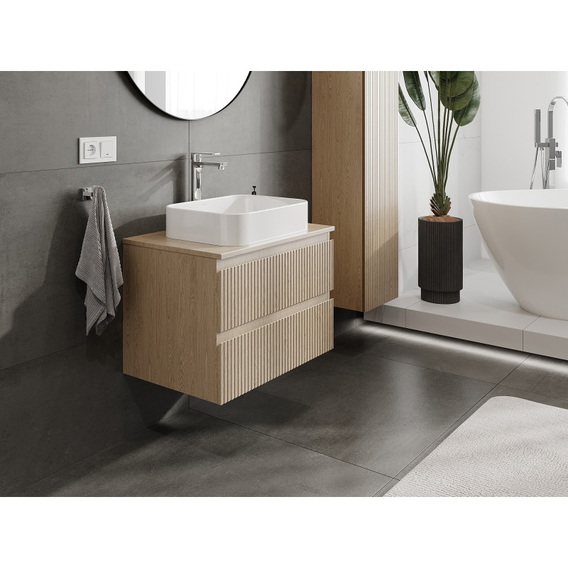 Mexen Rivel 70 cm Bathroom Cabinet with Countertop, 2 Drawers, Fluted, Oak - 91A20-07047-2-BFFC81