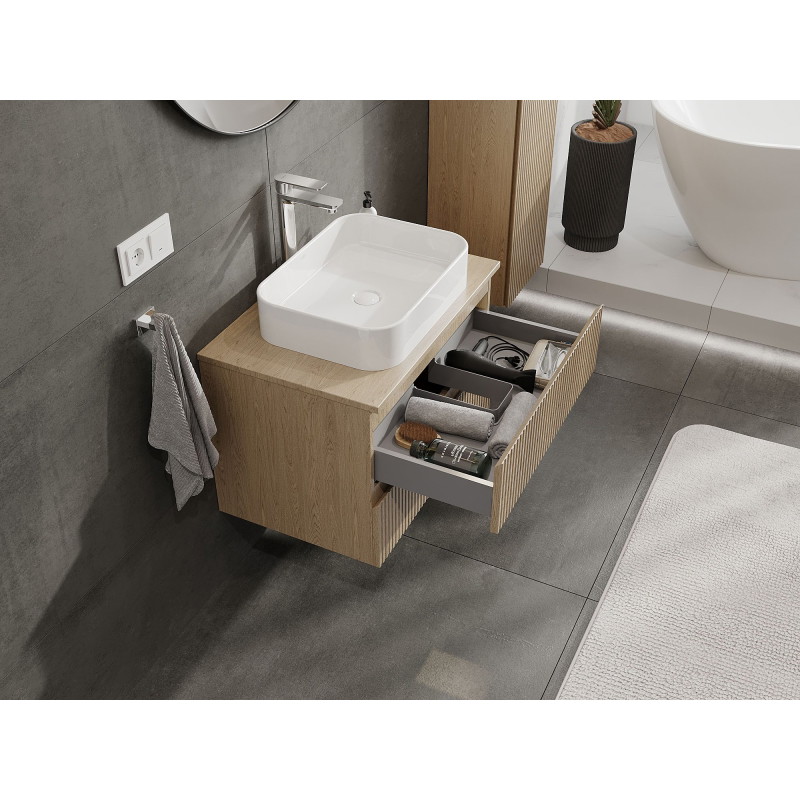 Mexen Rivel 70 cm Bathroom Cabinet with Countertop, 2 Drawers, Fluted, Oak - 91A20-07047-2-BFFC81