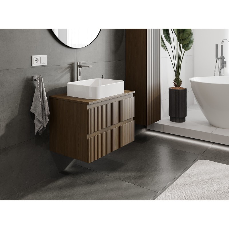 Mexen Rivel bathroom cabinet for washbasin 70 cm with countertop, 2 drawers, grooved, walnut - 91A20-07047-2-BFFC86