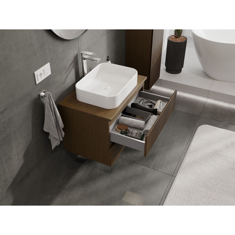 Mexen Rivel bathroom cabinet for washbasin 70 cm with countertop, 2 drawers, grooved, walnut - 91A20-07047-2-BFFC86