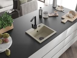 Mexen Milo granite sink single-bowl with kitchen faucet Rita, beige - 6505-69-670300-70