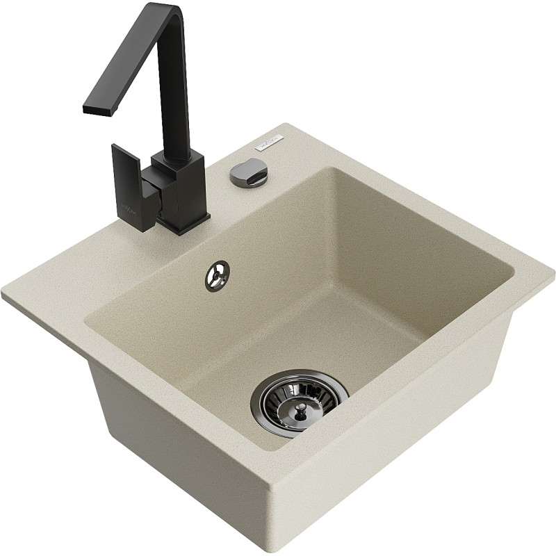 Mexen Milo granite sink single-bowl with kitchen faucet Rita, beige - 6505-69-670300-70