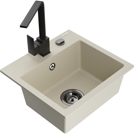 Mexen Milo granite kitchen sink single-bowl with Rita kitchen faucet, beige - 6505-69-670300-70