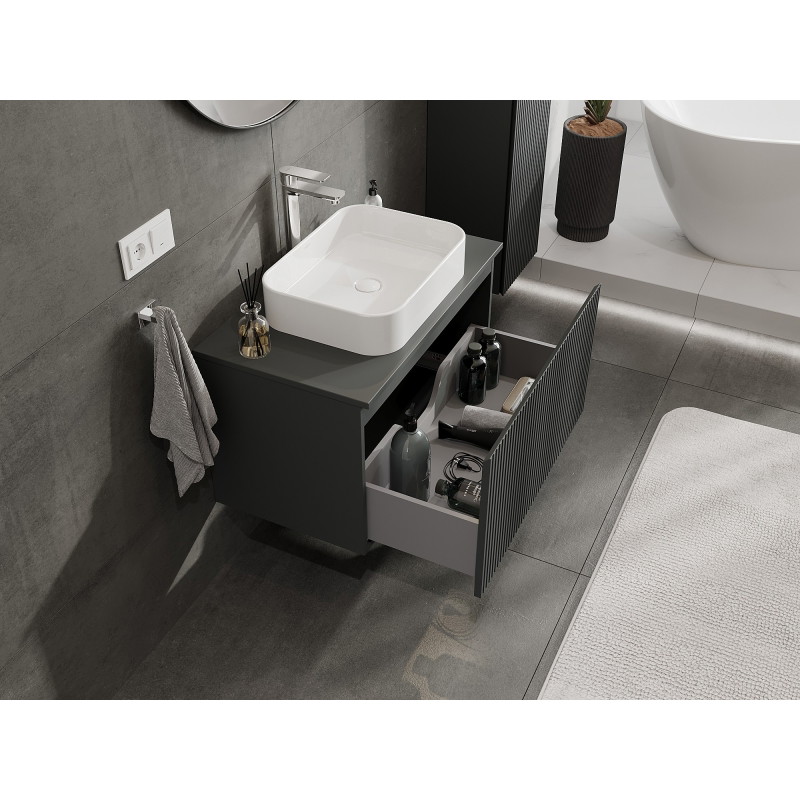 Mexen Rivel bathroom vanity cabinet 80 cm with countertop, 1 drawer, fluted, matte graphite - 91A20-08047-1-BFC66