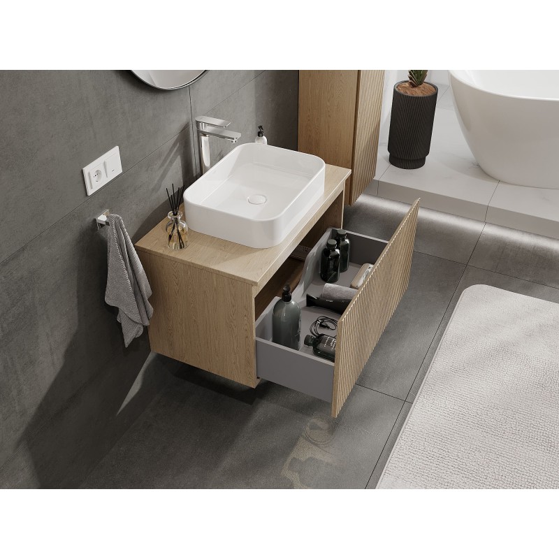 Mexen Rivel bathroom cabinet 80 cm with countertop, 1 drawer, grooved, oak - 91A20-08047-1-BFC81