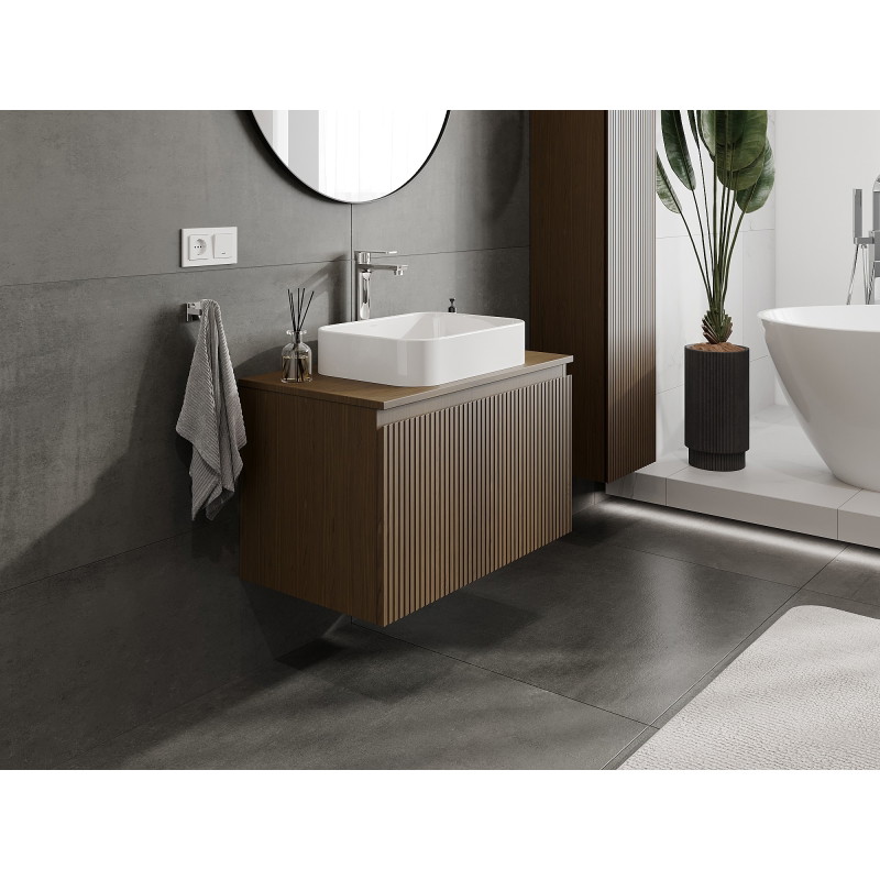 Mexen Rivel 80 cm under-sink bathroom cabinet with countertop, 1 drawer, grooved, walnut - 91A20-08047-1-BFC86