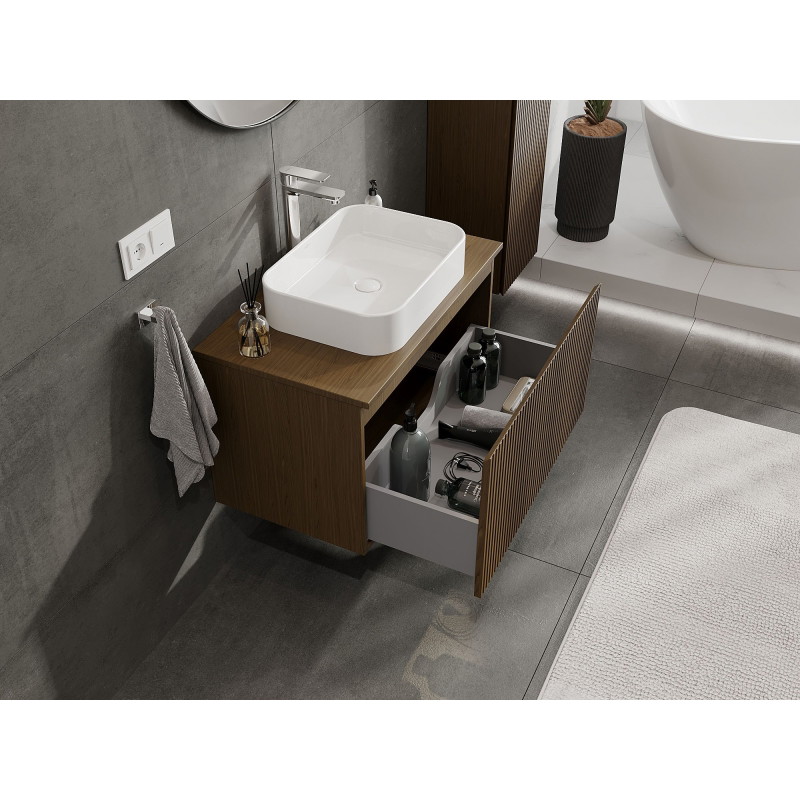 Mexen Rivel 80 cm under-sink bathroom cabinet with countertop, 1 drawer, grooved, walnut - 91A20-08047-1-BFC86