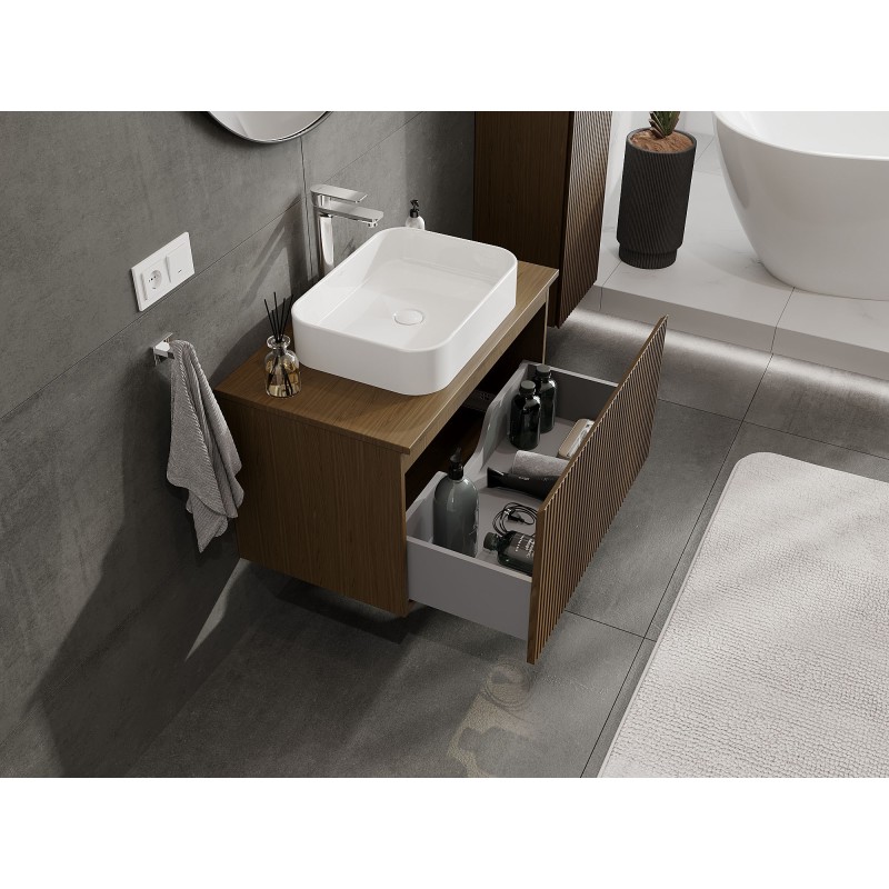 Mexen Rivel bathroom cabinet for washbasin 80 cm with countertop, 1 drawer, grooved, walnut - 91A20-08047-1-BFC86