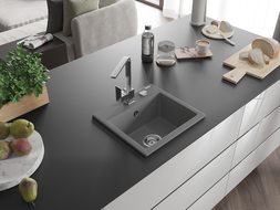 Mexen Milo 1-compartment granite sink with a kitchen mixer tap Rita, Grey - 6505-71-670300-00
