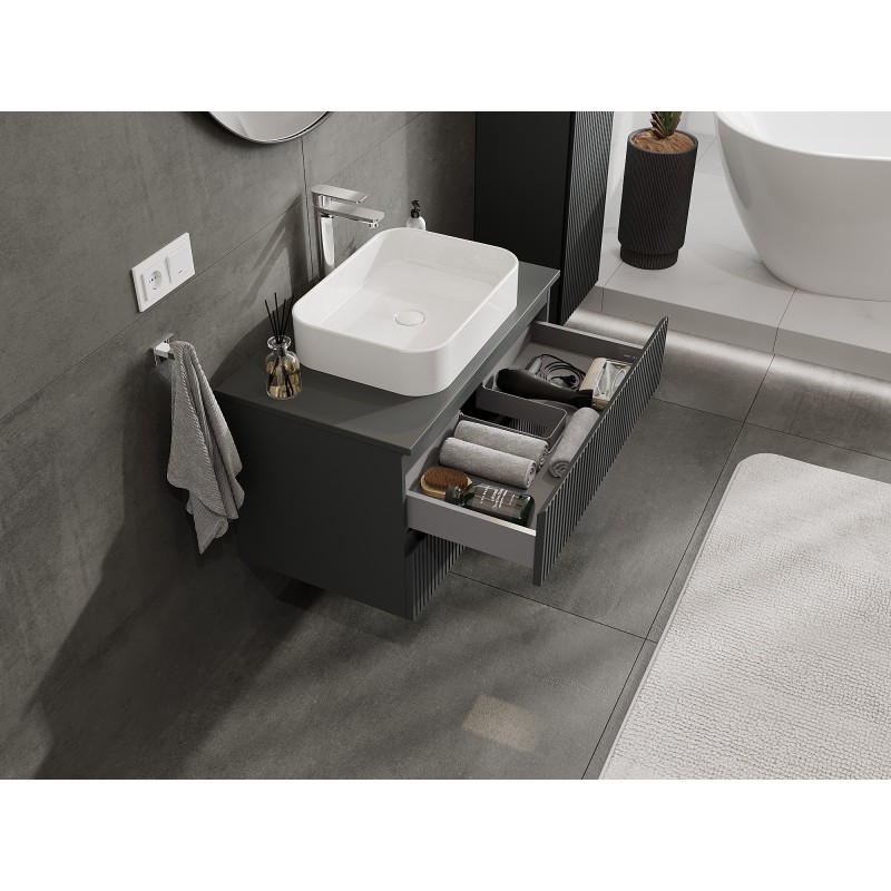 Mexen Rivel bathroom vanity unit 80 cm with countertop, 2 drawers, ribbed, matte graphite - 91A20-08047-2-BFFC66