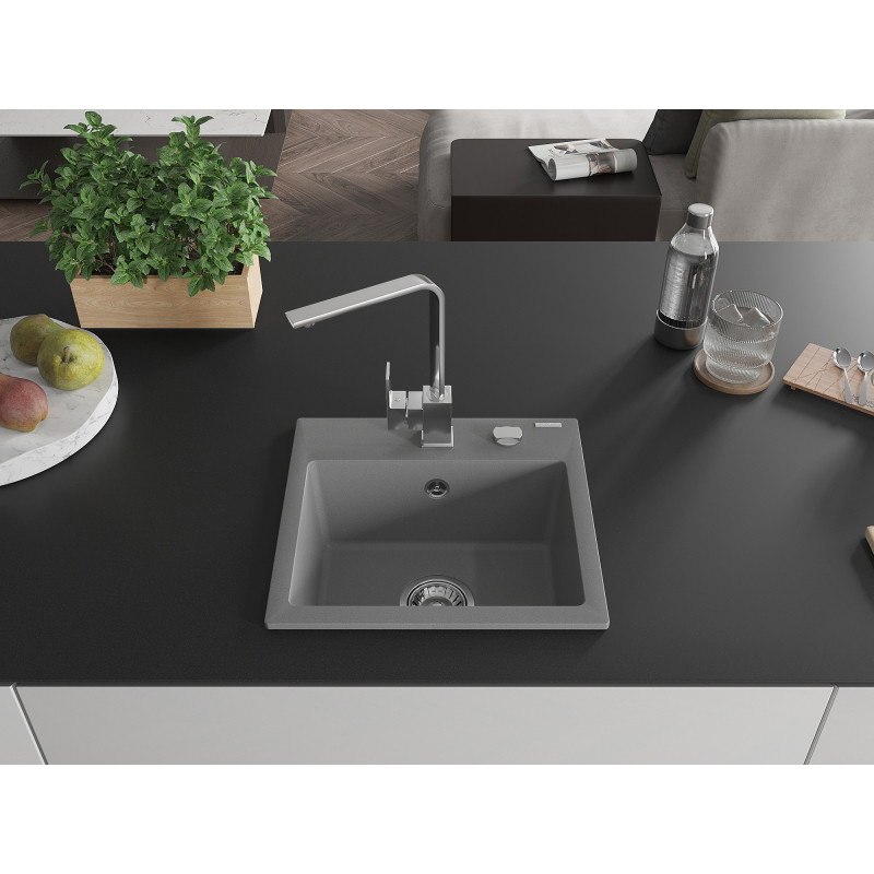 Mexen Milo granite sink single-bowl with Rita kitchen faucet, gray - 6505-71-670300-00