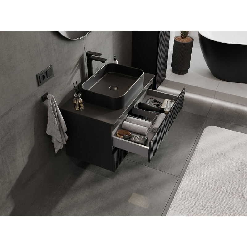 Mexen Rivel 80 cm bathroom cabinet with countertop, 2 drawers, fluted, black matte - 91A20-08047-2-BFFC71