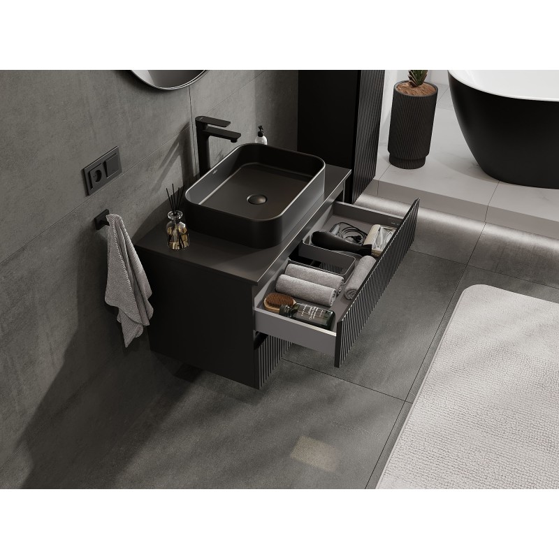 Mexen Rivel bathroom under-sink cabinet 80 cm with countertop, 2 drawers, fluted, black matte - 91A20-08047-2-BFFC71