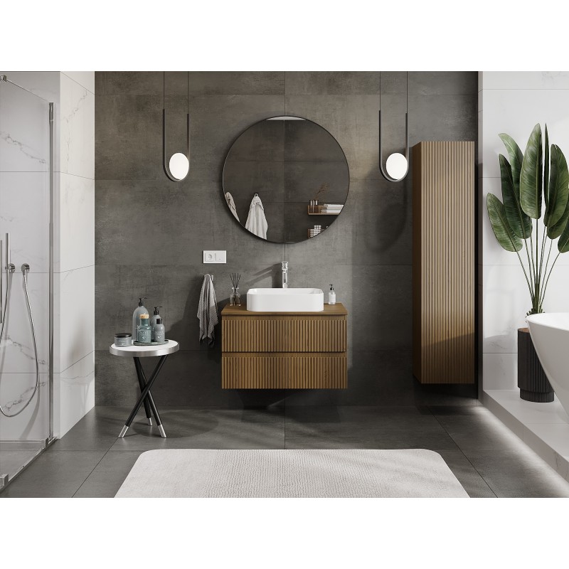 Mexen Rivel 80 cm bathroom cabinet with countertop, 2 drawers, fluted, walnut - 91A20-08047-2-BFFC86