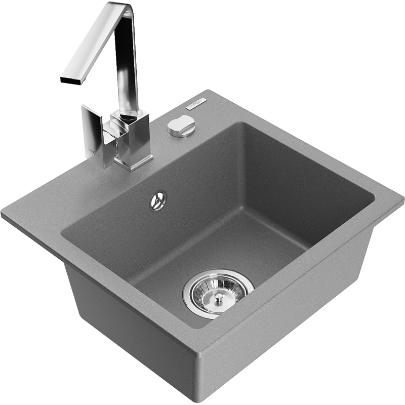 Mexen Milo 1-compartment granite sink with a kitchen mixer tap Rita, Grey - 6505-71-670300-00