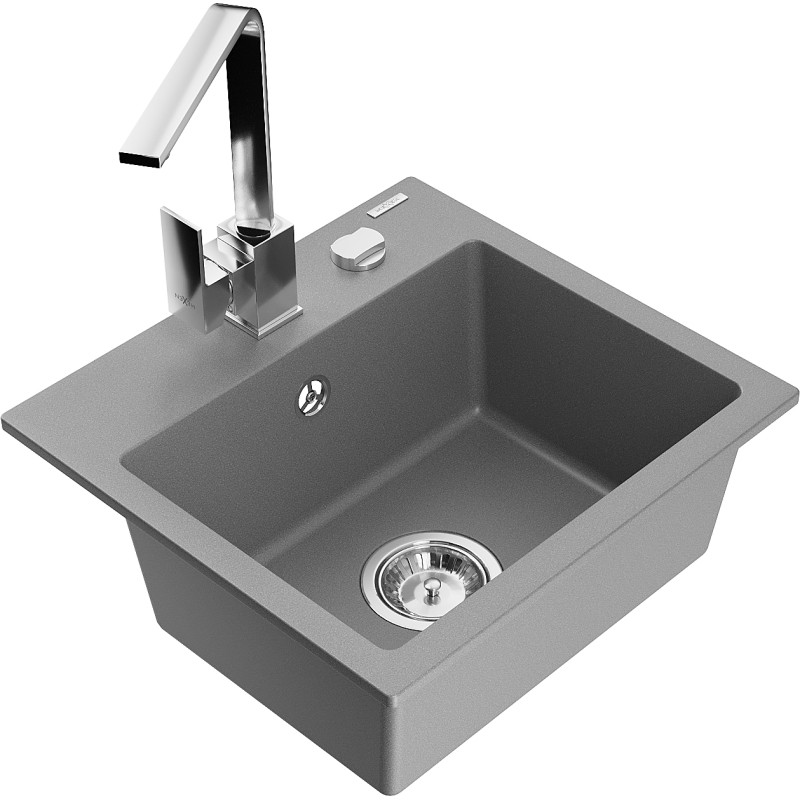 Mexen Milo granite sink single-bowl with Rita kitchen faucet, gray - 6505-71-670300-00