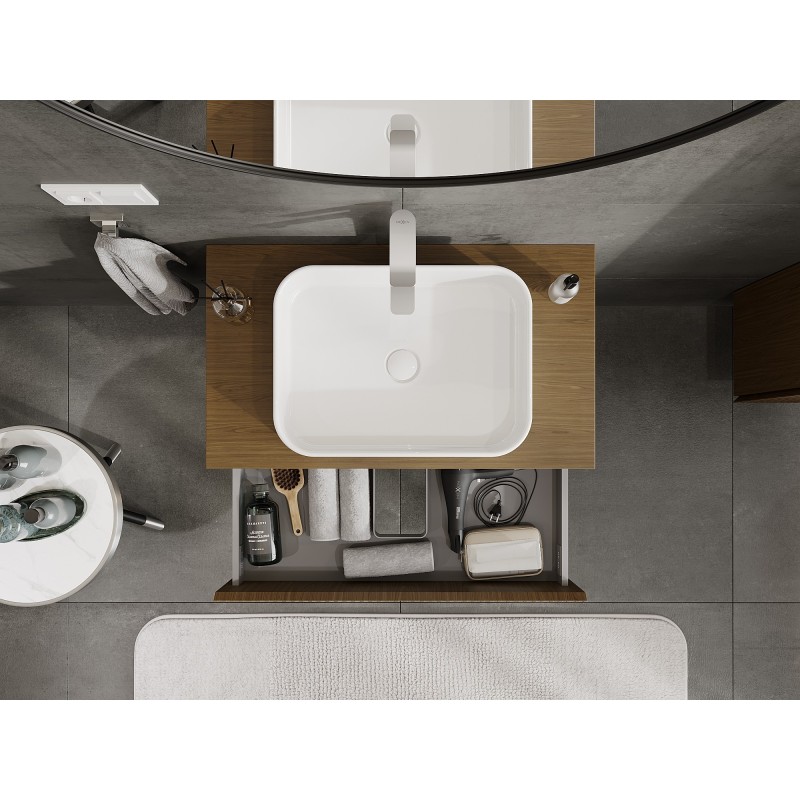 Mexen Rivel 80 cm bathroom cabinet with countertop, 2 drawers, fluted, walnut - 91A20-08047-2-BFFC86