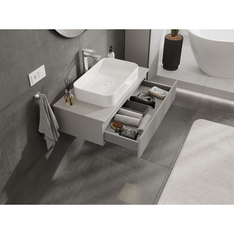 Mexen Rivel bathroom vanity unit 90 cm with countertop, 1 drawer, fluted, matte grey - 91A20-09023-1-BFC62