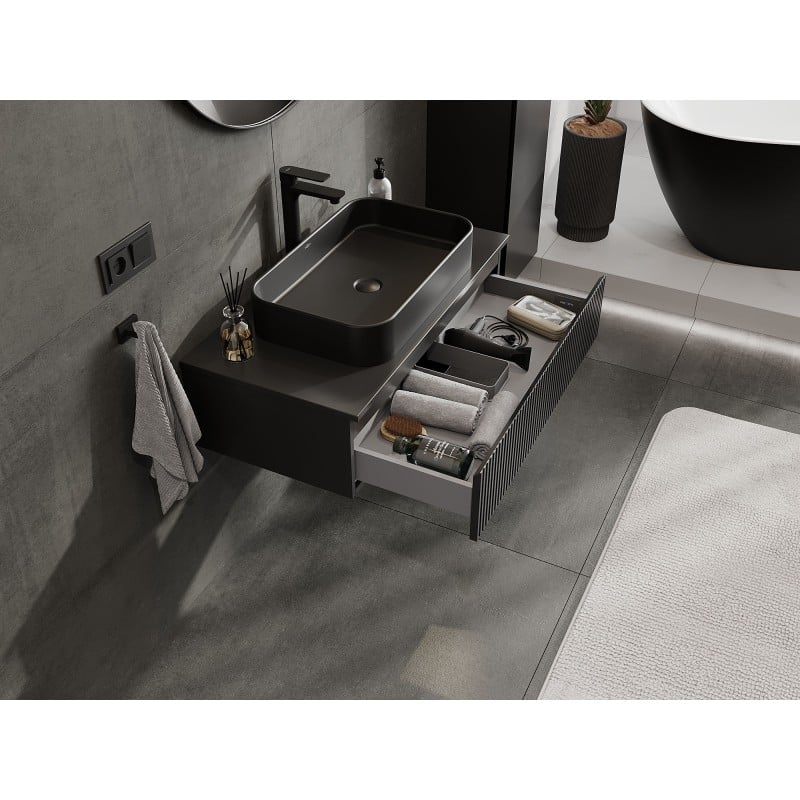 Mexen Rivel bathroom cabinet under sink 90 cm with countertop, 1 drawer, grooved, black matte - 91A20-09023-1-BFC71