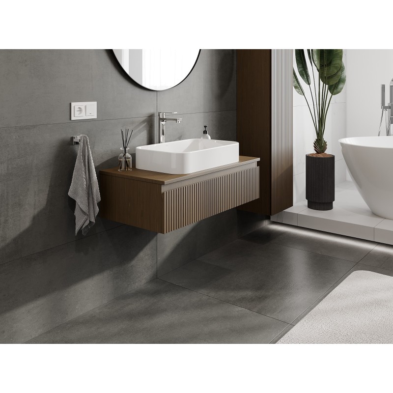 Mexen Rivel Bathroom Cabinet Under Sink 90 cm with Countertop, 1 Drawer, Grooved, Walnut - 91A20-09023-1-BFC86