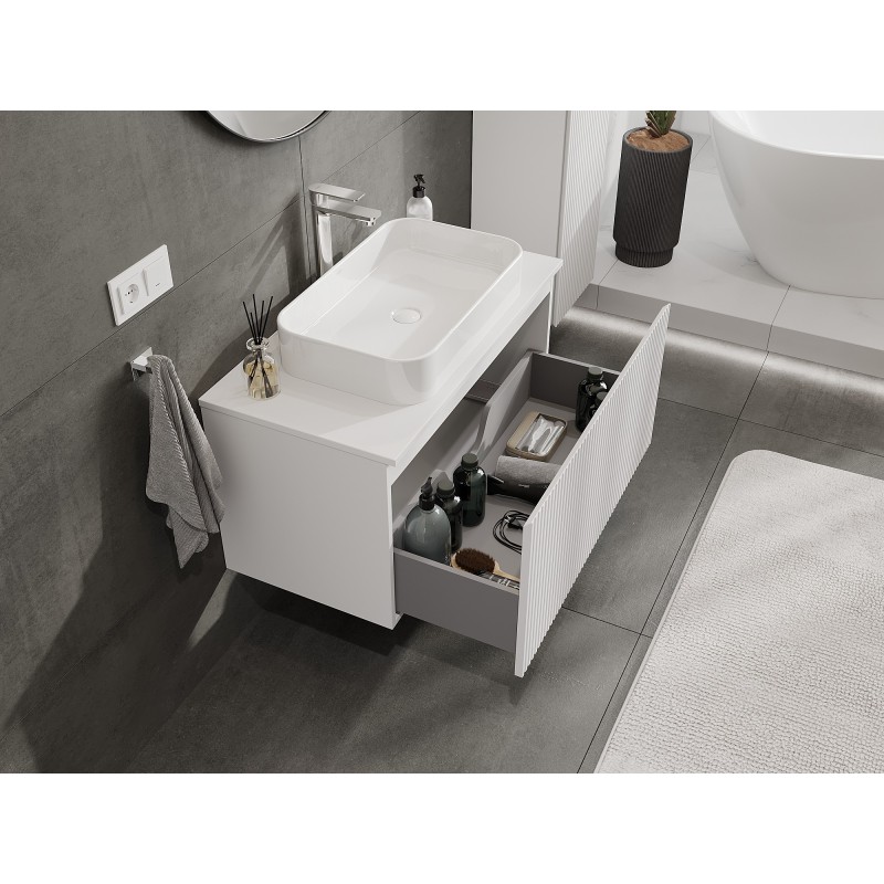 Mexen Rivel bathroom cabinet under-sink 90 cm with countertop, 1 drawer, fluted, white matte - 91A20-09047-1-BFC01