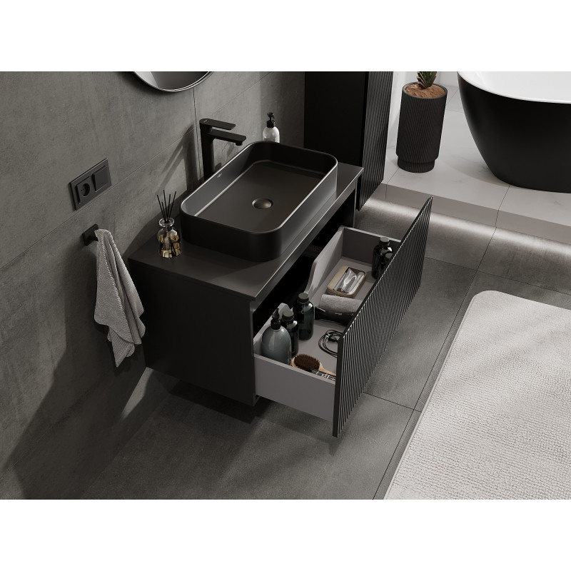 Mexen Rivel 90 cm Bathroom Vanity Cabinet with Countertop, 1 Drawer, Ribbed, Matte Black - 91A20-09047-1-BFC71