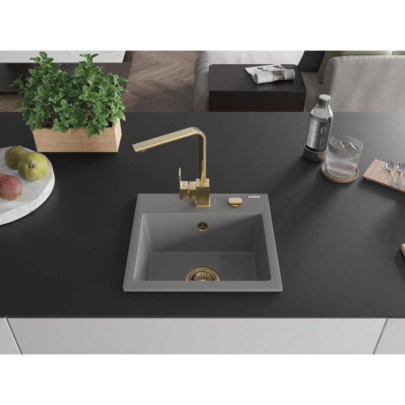 Mexen Milo granit sink 1-bowl with Rita kitchen faucet, gray - 6505-71-670300-50