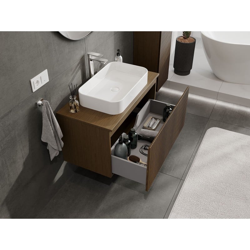 Mexen Rivel 90 cm Under-Sink Bathroom Cabinet with Countertop, 1 Drawer, Grooved, Walnut - 91A20-09047-1-BFC86