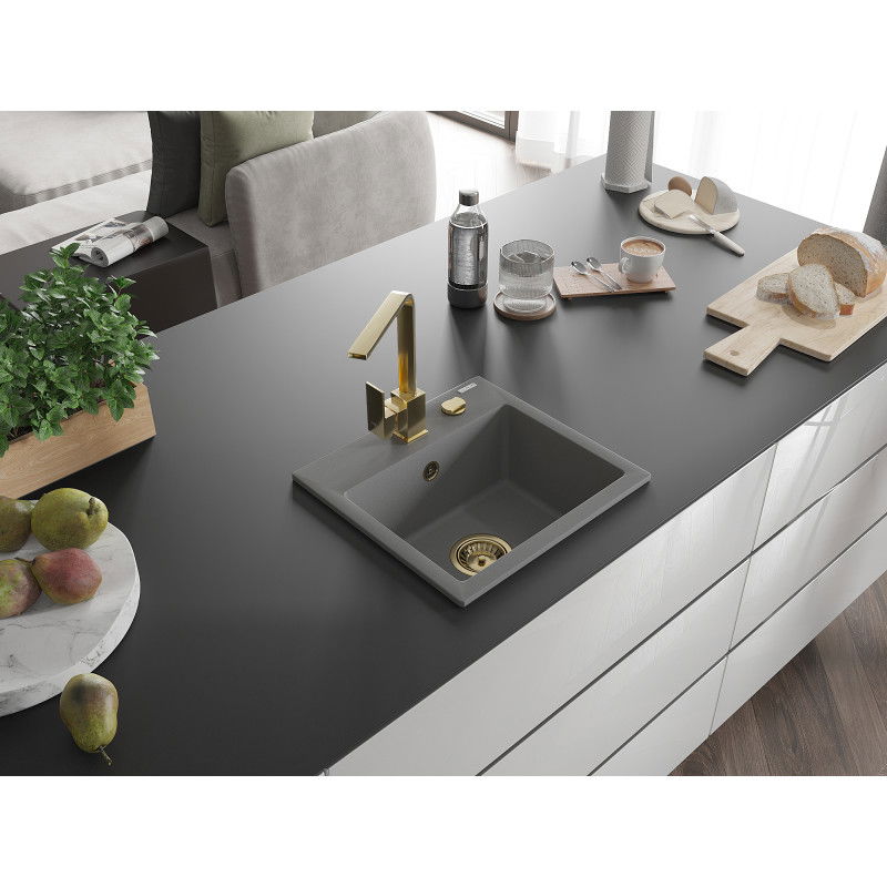 Mexen Milo 1-bowl granite sink with Rita kitchen tap, grey - 6505-71-670300-50