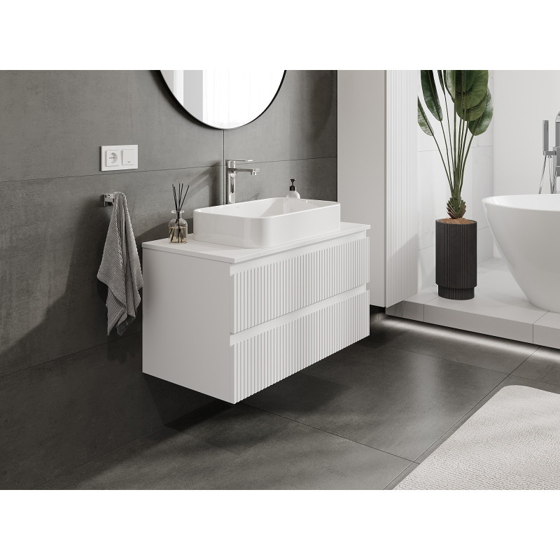 Mexen Rivel 90 cm under-sink bathroom cabinet with countertop, 2 drawers, grooved, matte white - 91A20-09047-2-BFFC01