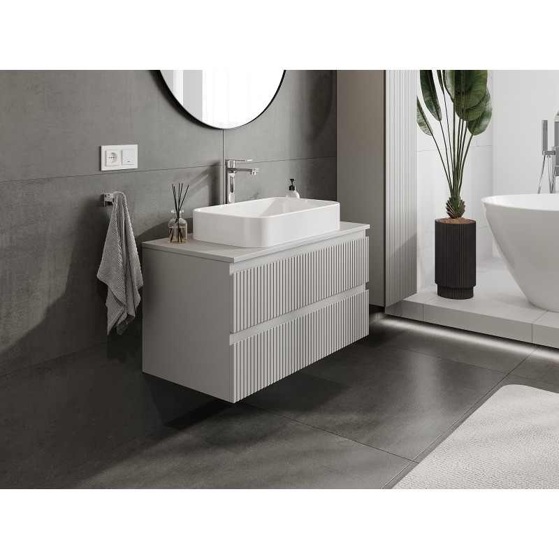 Mexen Rivel 90 cm Vanity Bathroom Cabinet with Countertop, 2 Drawers, Fluted, Matte Gray - 91A20-09047-2-BFFC62