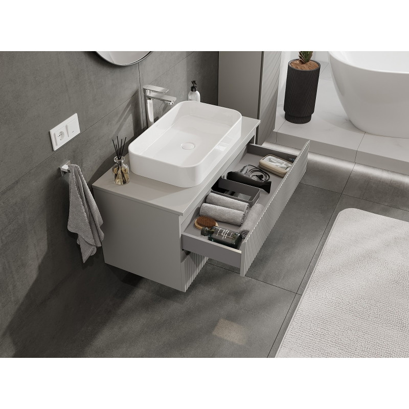 Mexen Rivel 90 cm Vanity Bathroom Cabinet with Countertop, 2 Drawers, Fluted, Matte Gray - 91A20-09047-2-BFFC62