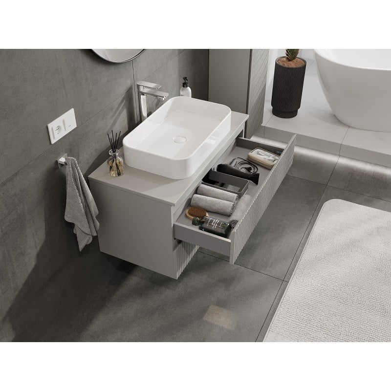 Mexen Rivel bathroom cabinet for washbasin 90 cm with countertop, 2 drawers, grooved, grey matte - 91A20-09047-2-BFFC62