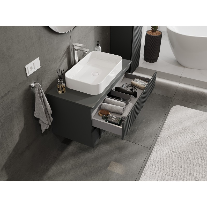 Mexen Rivel 90 cm Under-Sink Bathroom Cabinet with Countertop, 2 Drawers, Ribbed, Matte Graphite - 91A20-09047-2-BFFC66