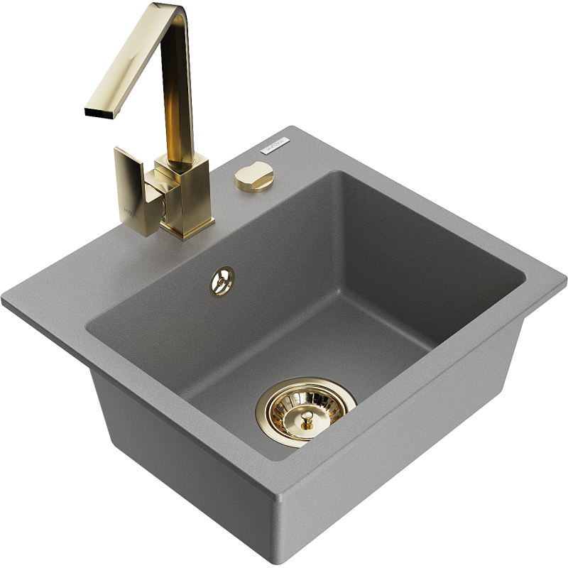 Mexen Milo 1-bowl granite sink with Rita kitchen tap, grey - 6505-71-670300-50
