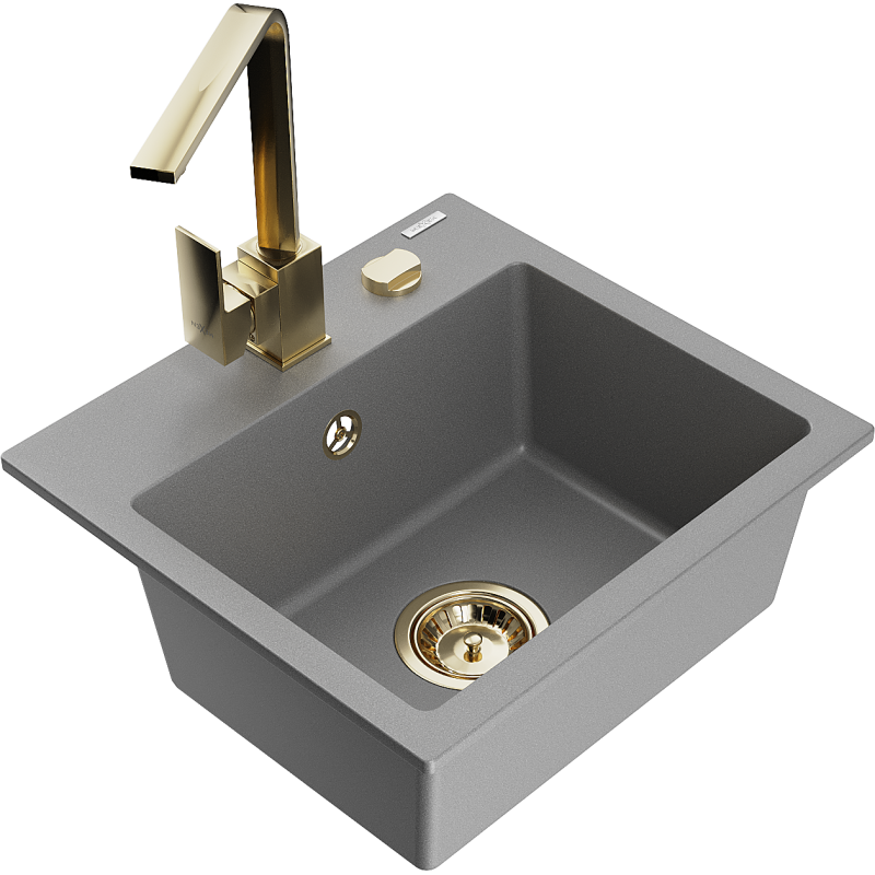 Mexen Milo 1-compartment granite sink with a kitchen mixer tap Rita, Grey - 6505-71-670300-50