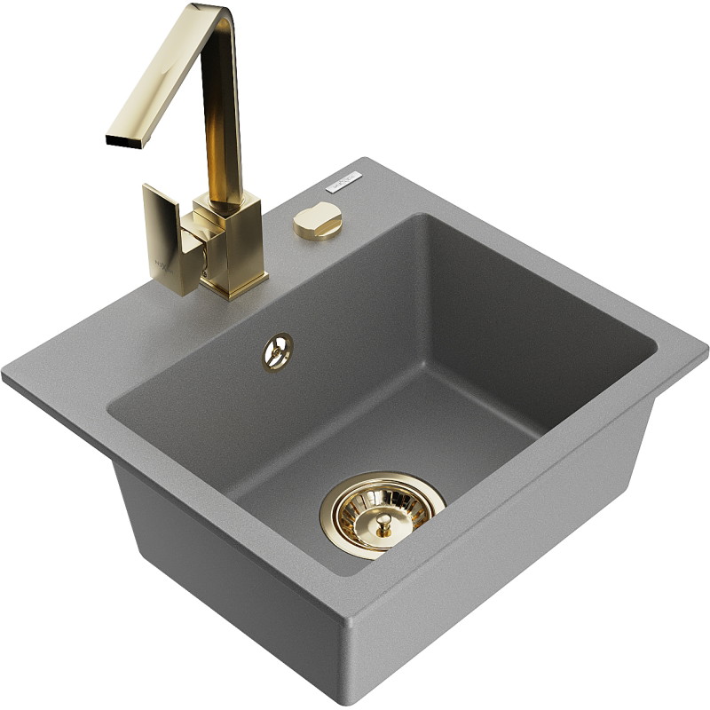 Mexen Milo granit sink 1-bowl with Rita kitchen faucet, gray - 6505-71-670300-50