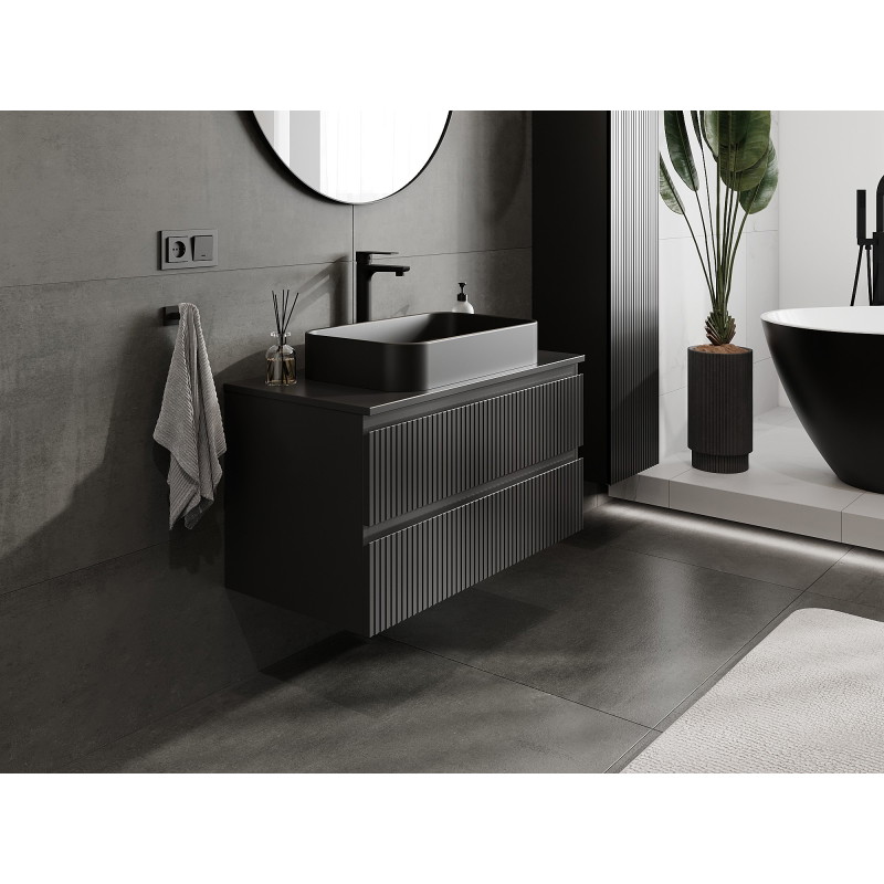 Mexen Rivel 90 cm under-sink bathroom cabinet with countertop, 2 drawers, grooved, black matte - 91A20-09047-2-BFFC71