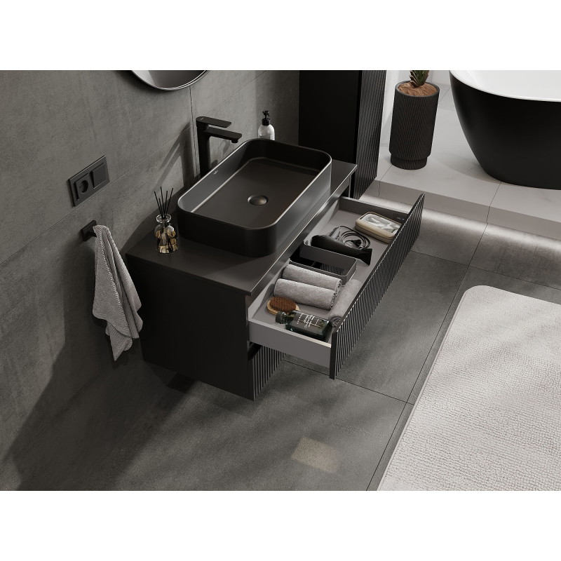 Mexen Rivel 90 cm under-sink bathroom cabinet with countertop, 2 drawers, grooved, black matte - 91A20-09047-2-BFFC71