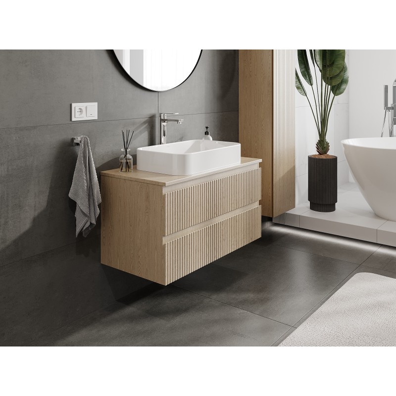 Mexen Rivel bathroom cabinet under-sink 90 cm with countertop, 2 drawers, grooved, oak - 91A20-09047-2-BFFC81