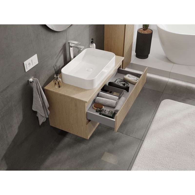 Mexen Rivel bathroom cabinet under-sink 90 cm with countertop, 2 drawers, grooved, oak - 91A20-09047-2-BFFC81