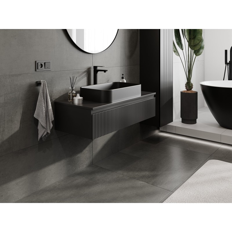 Mexen Rivel 100 cm Bathroom Cabinet with Countertop, 1 Drawer, Grooved, Black Matt - 91A20-10023-1-BFC71